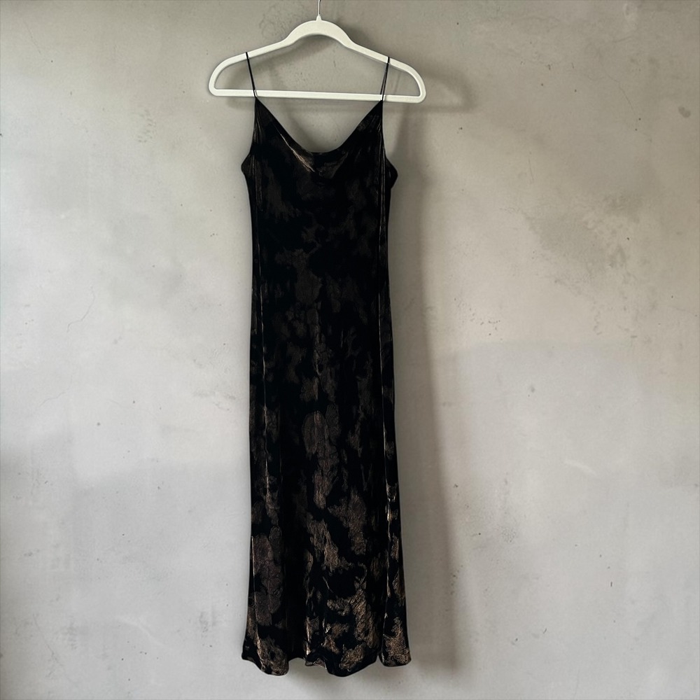 Vintage Slip Dress Women's XS Velvet Silk Blend Brown Black 90s Cowl Neck Boho